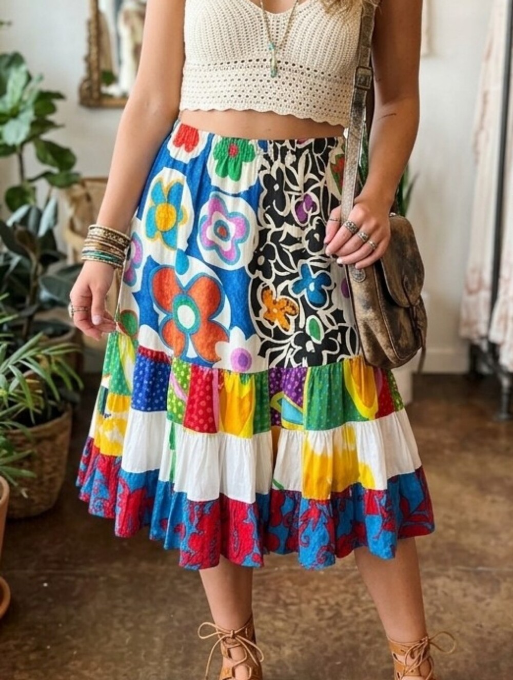 Jams World Vintage Bubbles Floral Patchwork Tiered Ruffle Skirt XL Hawaii Rayon
